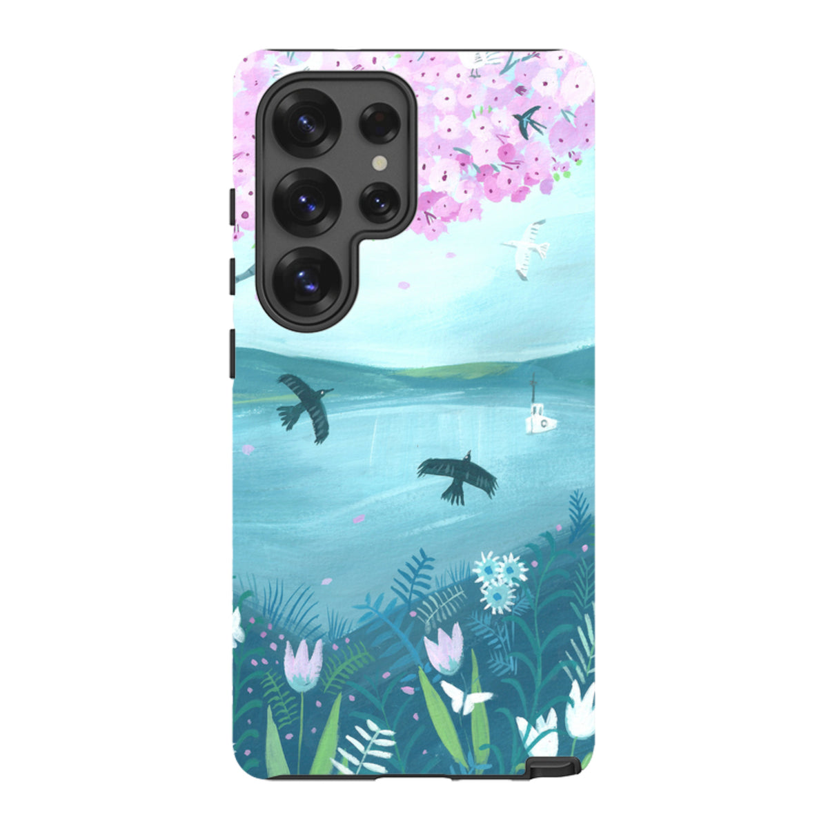 Samsung Tough Case featuring a Blossom Tree landscape with birds, flowers, and a boat in a vibrant, artistic style.