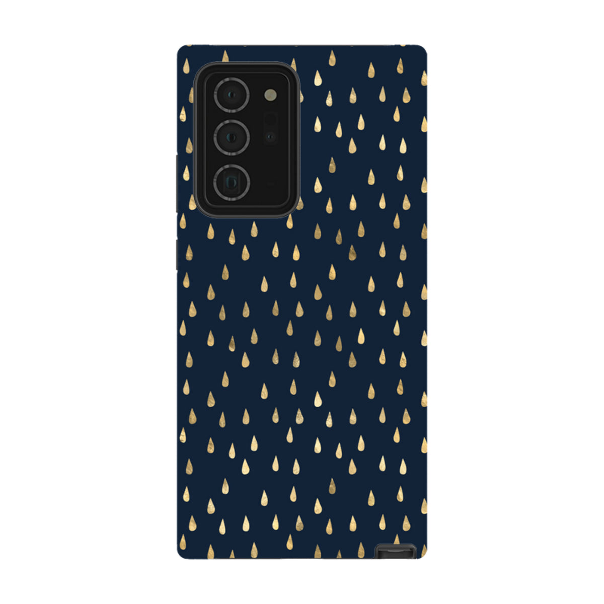 Samsung Tough Case in dark blue with a gold raindrop pattern and a protective dual-layer design for Galaxy phones.