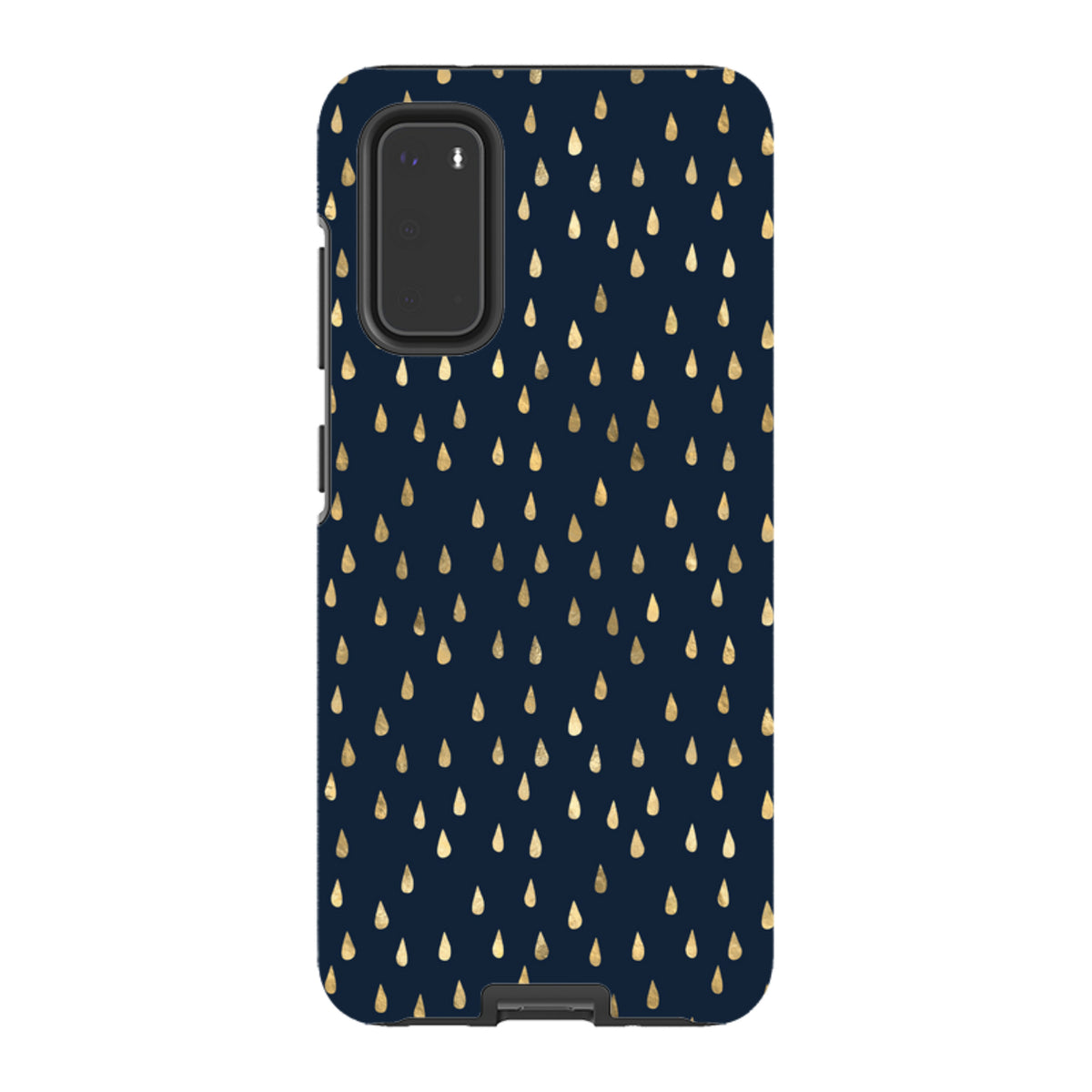 Samsung Tough Case in dark blue with a gold raindrop pattern and dual-layer protective design for Galaxy phones.