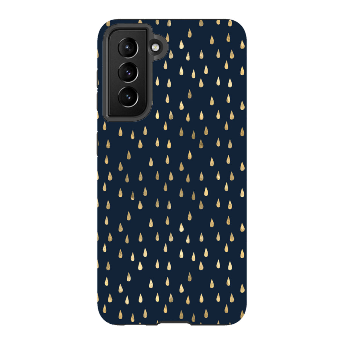 Samsung Tough Case in dark blue with a gold raindrop pattern and dual-layer protective design for Galaxy phones.