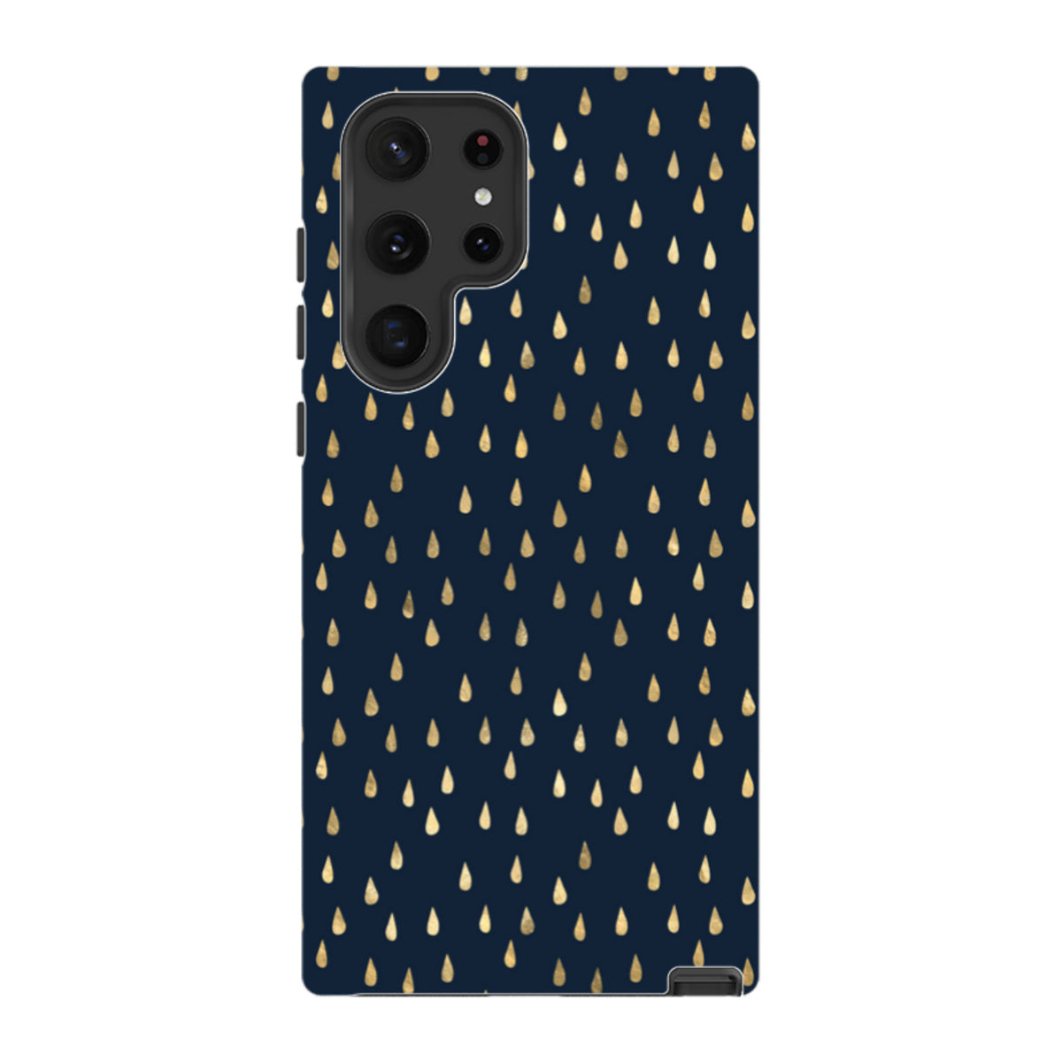 Samsung Tough Case in dark blue with a gold raindrop pattern, featuring a dual-layer design and precise camera cutouts.