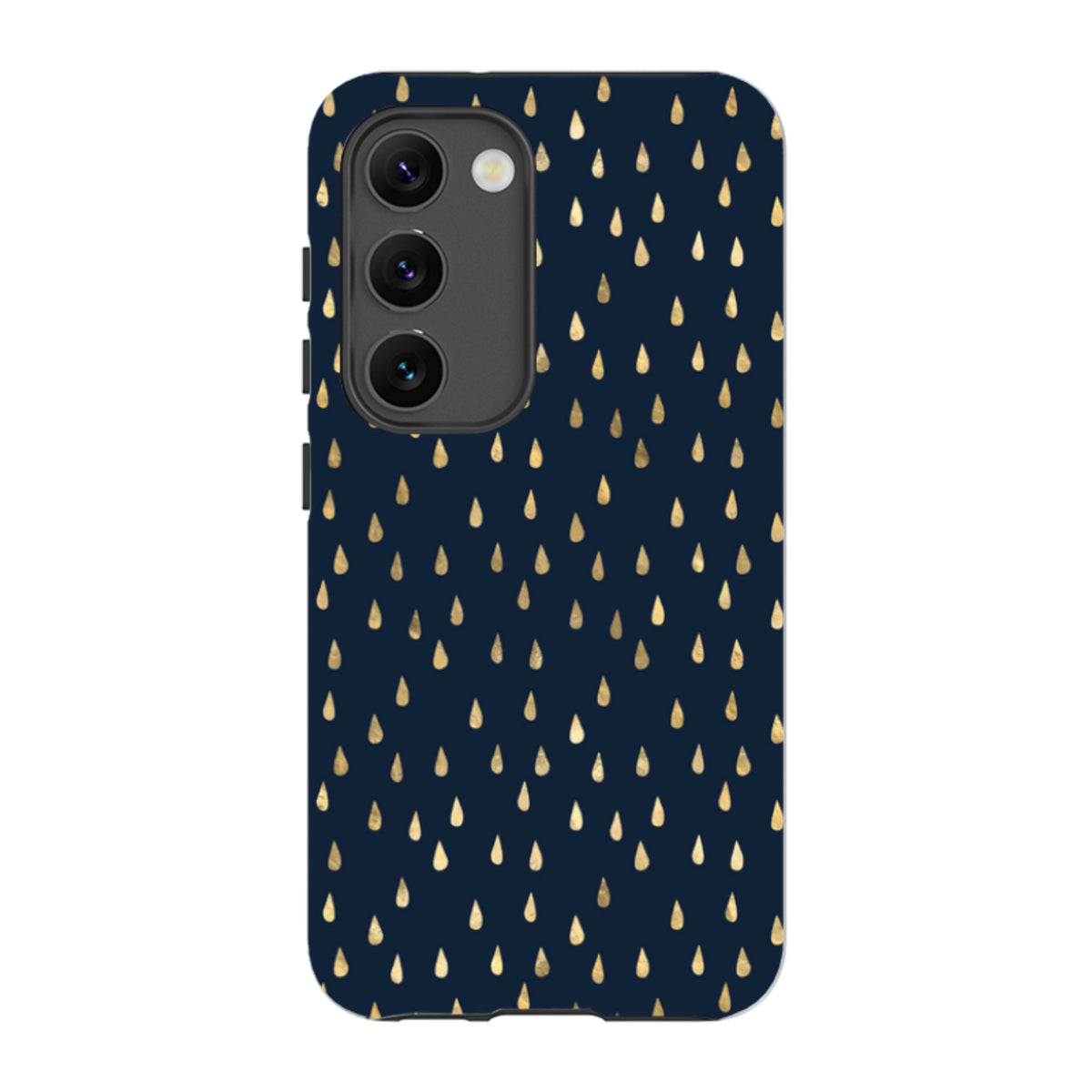 Samsung Galaxy tough case in dark blue with a gold raindrop pattern and protective dual-layer design.