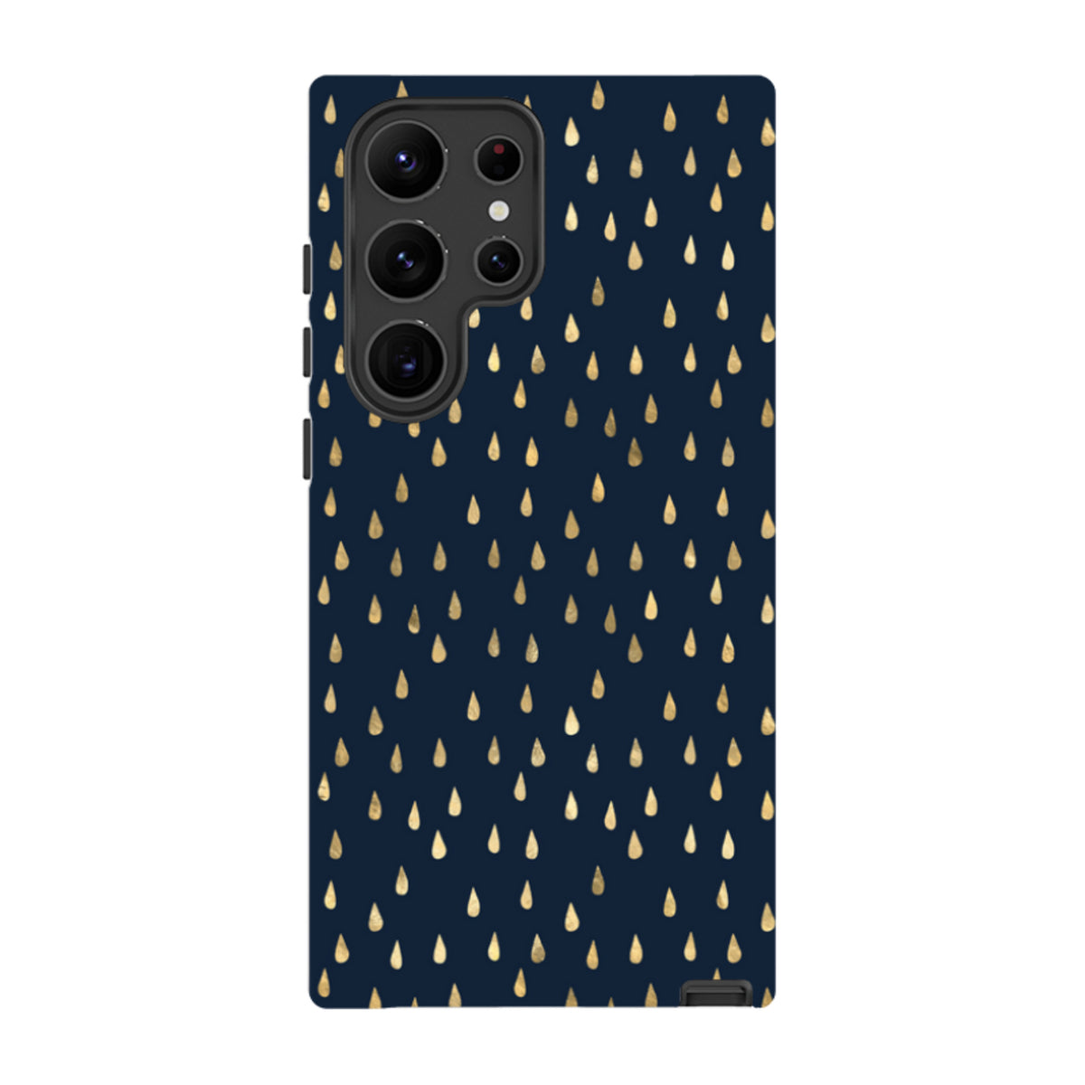 Samsung Tough Case in Blue Rain featuring a dark blue background with a gold metallic raindrop pattern.