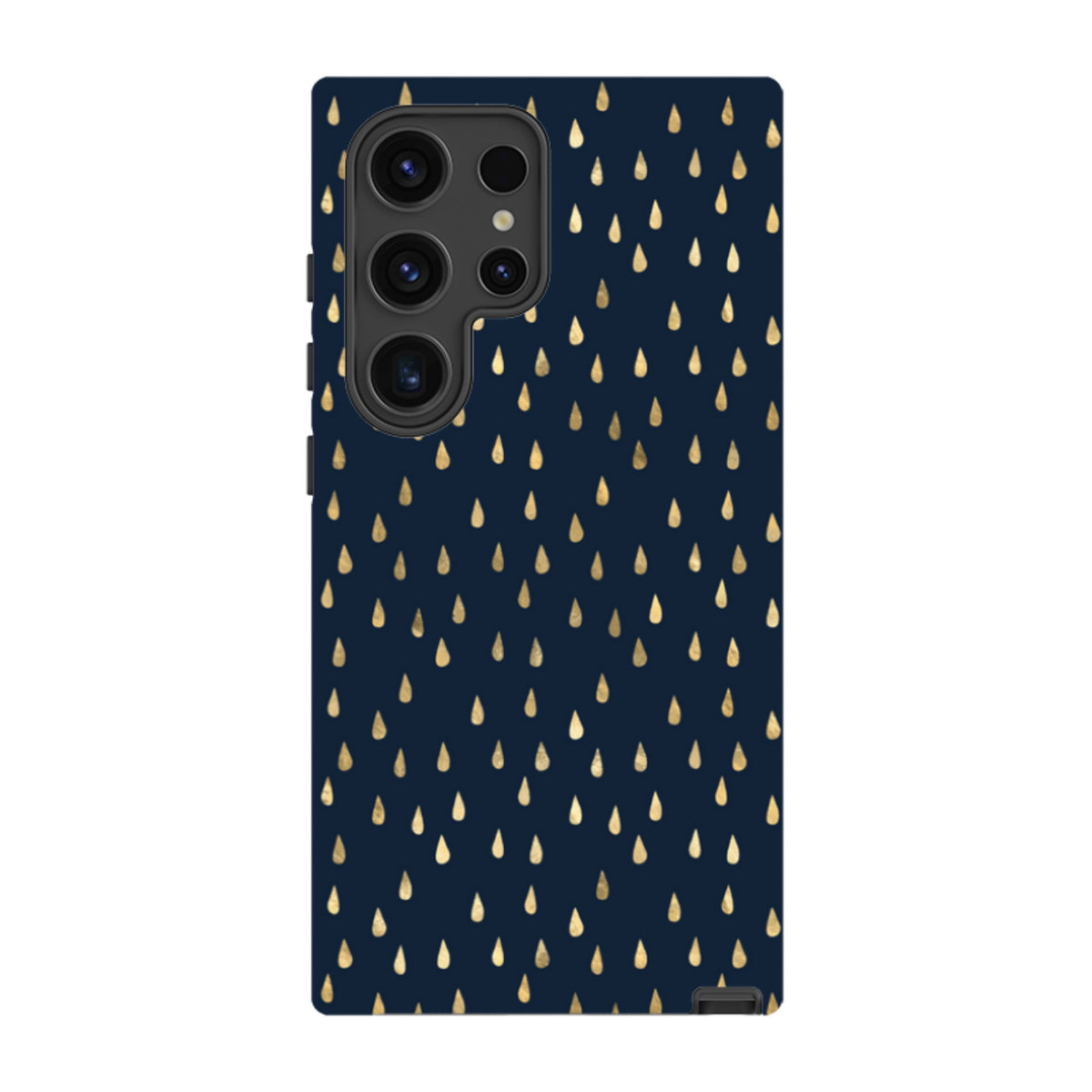 Samsung Galaxy tough case in dark blue with a gold raindrop pattern and raised camera bezel protection.