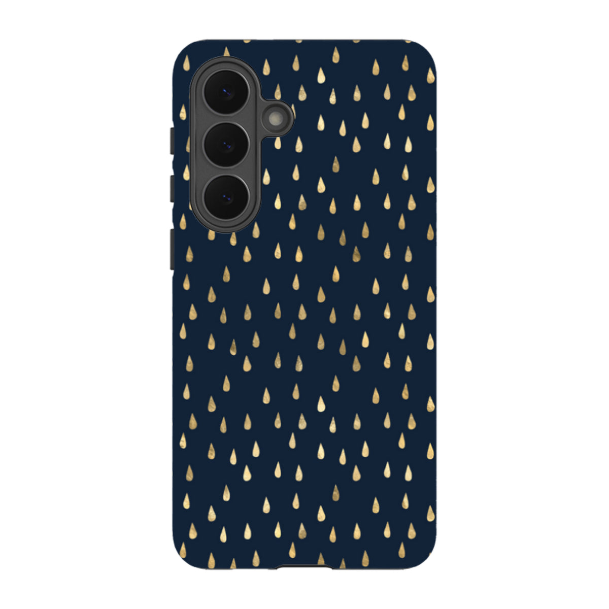 Samsung Tough Case in dark blue with a gold raindrop pattern and dual-layer protection for Galaxy devices.