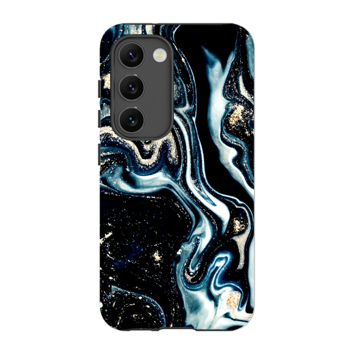 Samsung Tough Case in Blue Royalty featuring a swirling blue, black, and gold marble design with dual-layer protection.