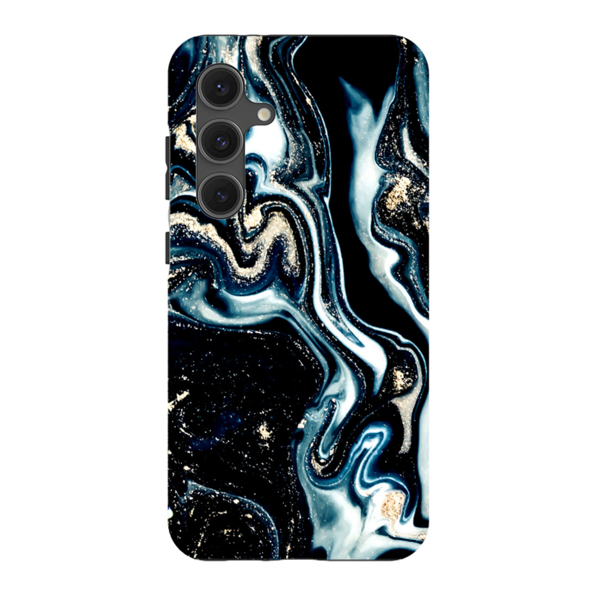 Samsung Tough Case in Blue Royalty featuring a dual-layer design with a swirling blue, black, and gold marble pattern.