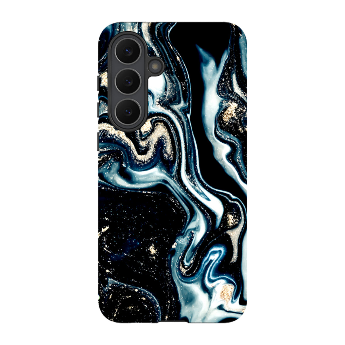 Samsung Tough Case in Blue Royalty featuring a black and blue marble design with gold glitter accents and dual-layer protection.