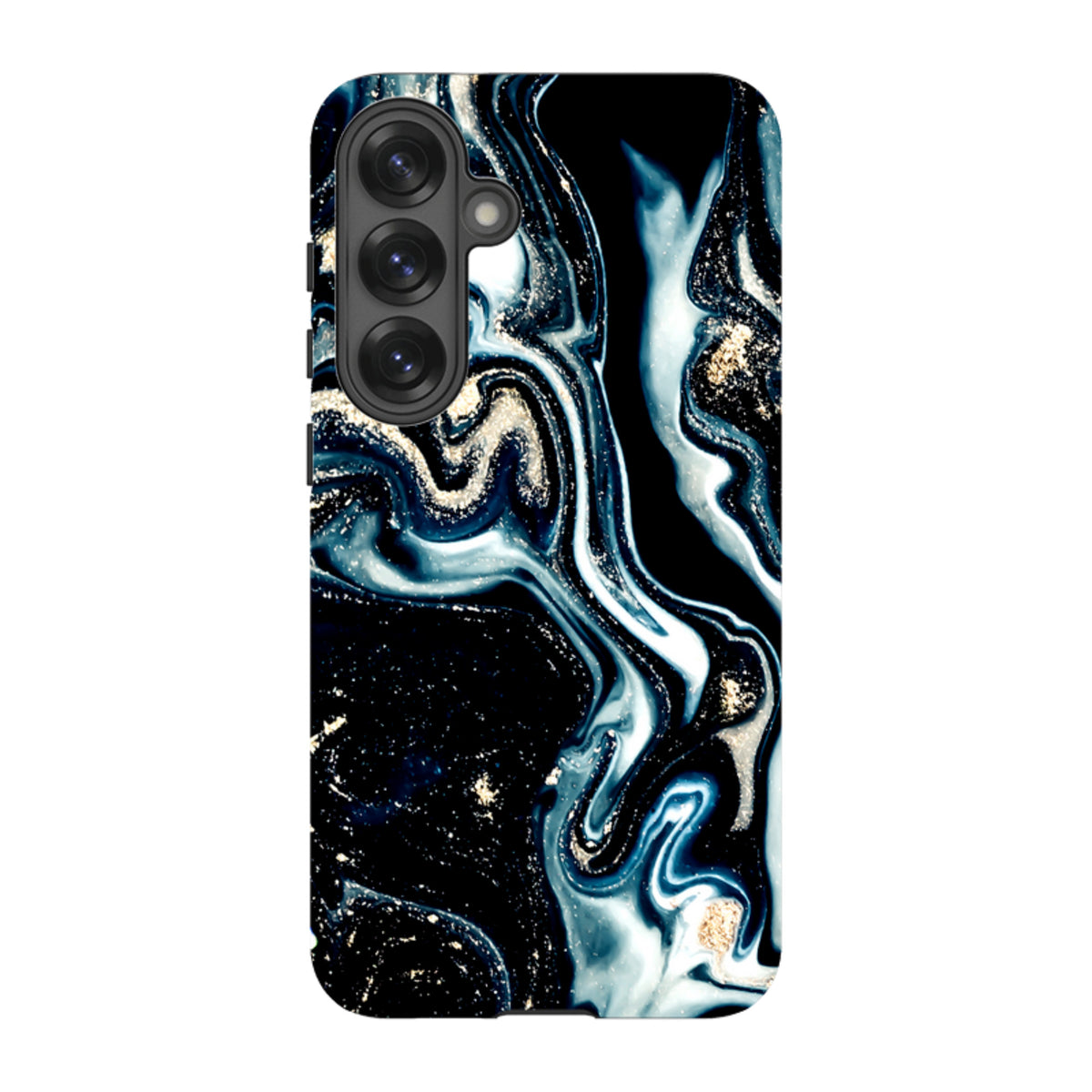 Samsung Tough Case in Blue Royalty featuring a swirling blue, black, and gold marble design with dual-layer protection.