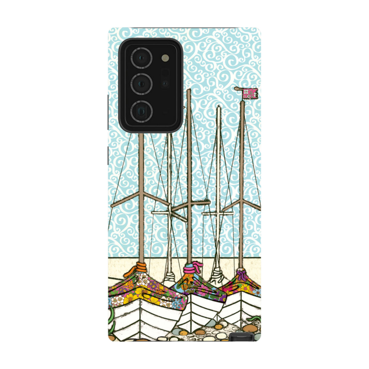 Samsung Tough Case featuring Amelia Bowman's Boats At Rest art with a light blue swirl background and dual-layer protection.