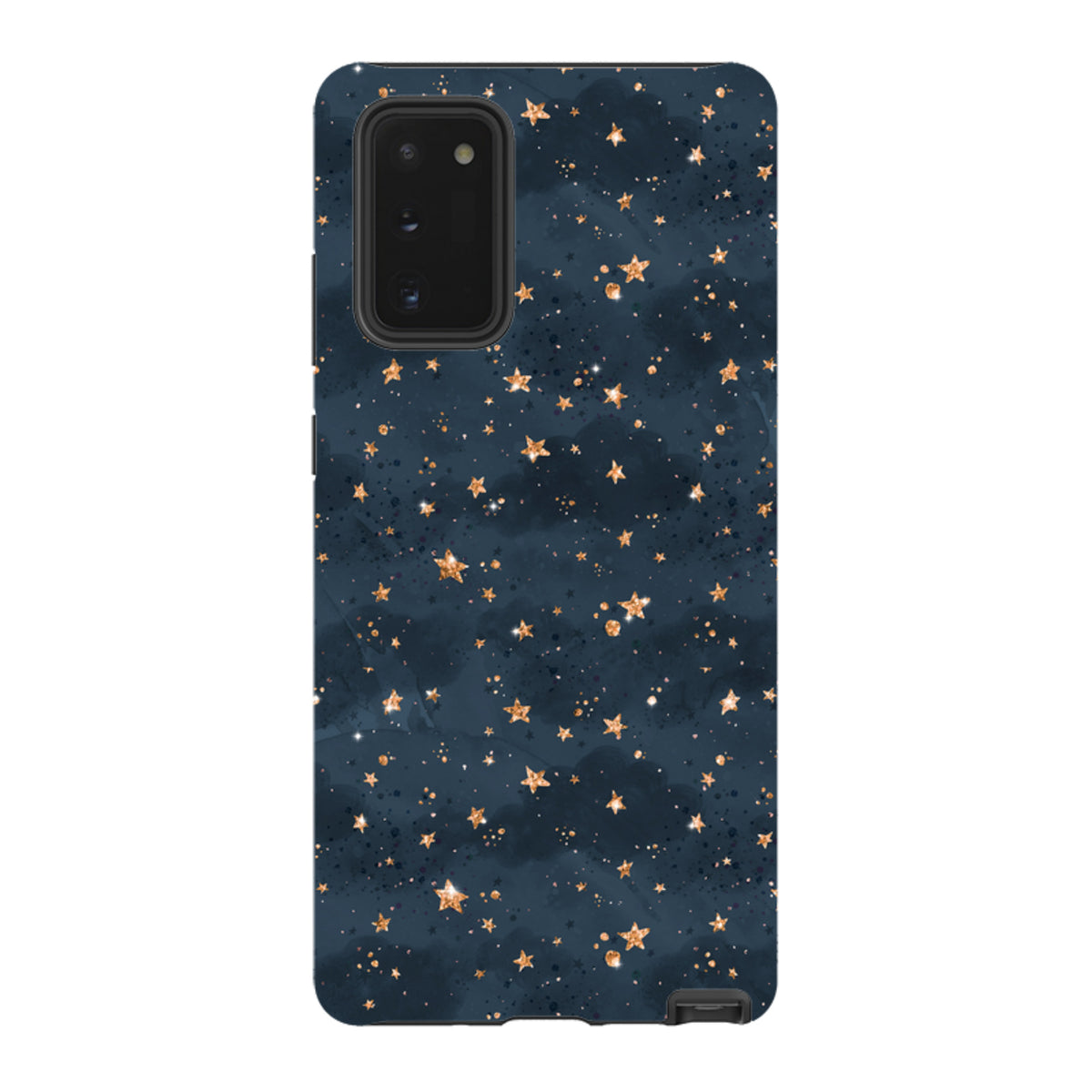 Samsung Galaxy tough case featuring a dark navy sky pattern with shimmering gold stars and celestial accents.