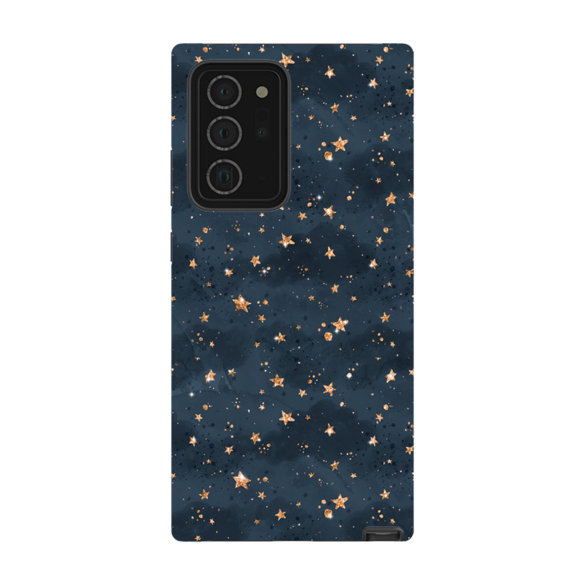 Samsung Galaxy tough case in dark blue with a gold glitter star pattern and durable dual-layer protection.