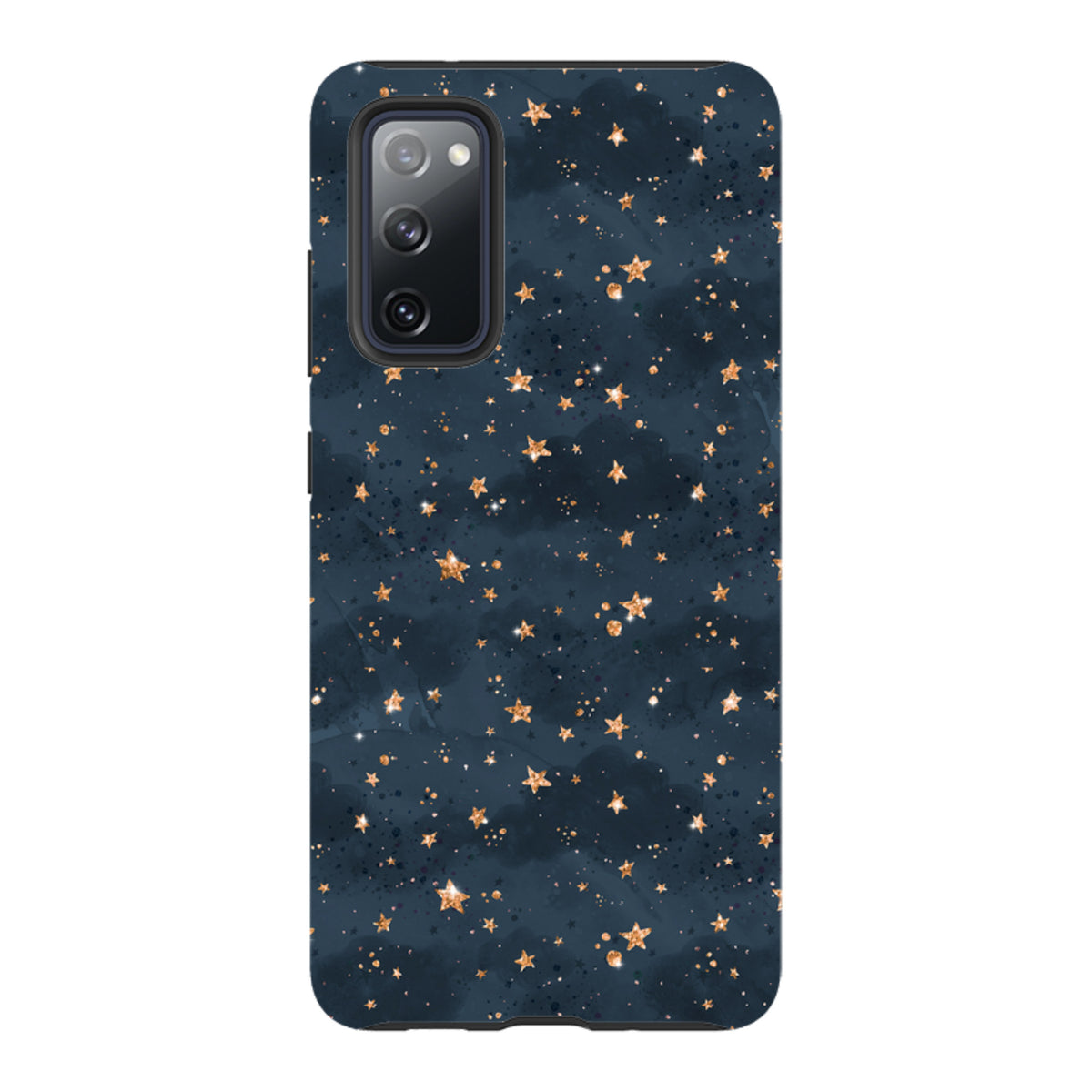 Samsung Tough Case for Galaxy featuring a dark navy night sky pattern with gold glitter stars and a dual-layer design.