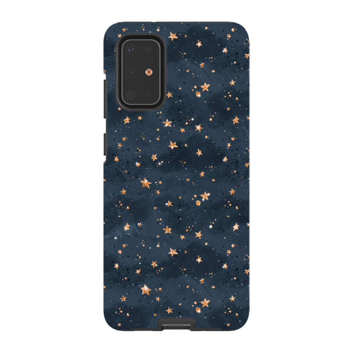 Samsung Galaxy tough case featuring a dark navy night sky pattern with shimmering gold stars and dual-layer protection.