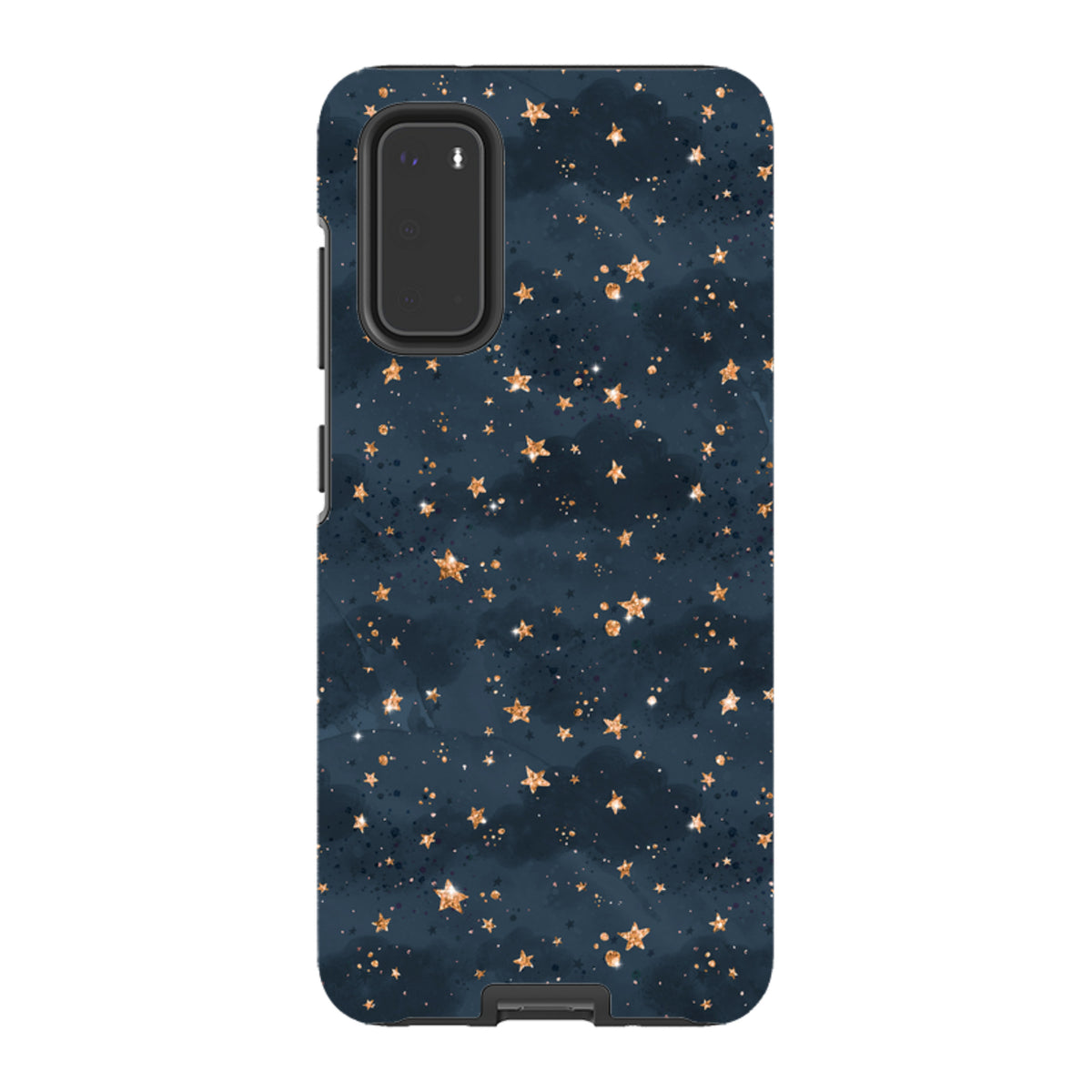 Samsung Galaxy tough case featuring a dark navy night sky pattern with shimmering gold stars and celestial accents.