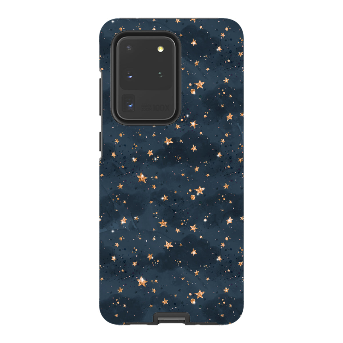 Samsung Galaxy tough case in dark blue with a gold glitter star pattern and durable dual-layer protective shell.
