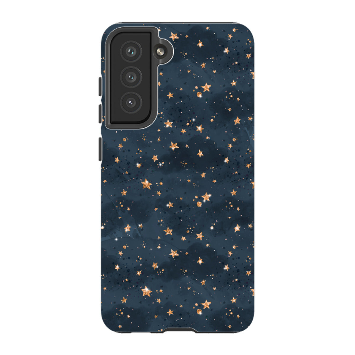 Samsung Tough Case for Galaxy featuring a dark blue starry night sky design with shimmering gold stars and clouds.
