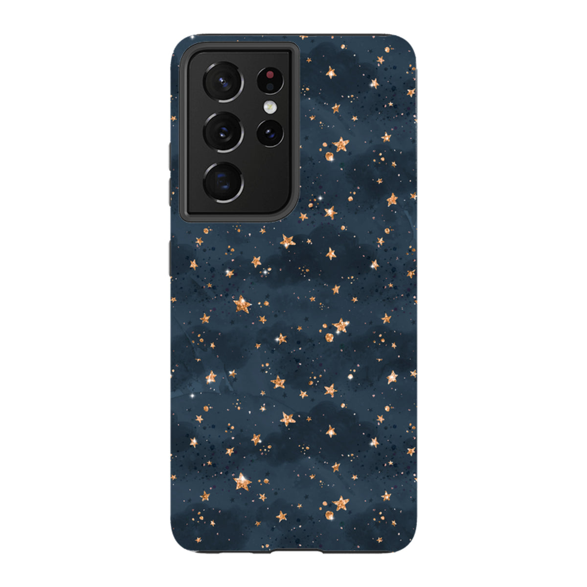 Samsung Tough Case in Bode Galaxy design featuring gold glitter stars on a dark navy blue background.