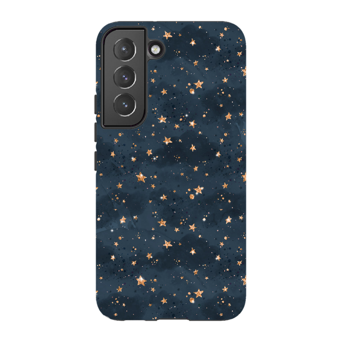 Samsung Galaxy tough case featuring a dark navy night sky print with shimmering gold stars and dual-layer protection.