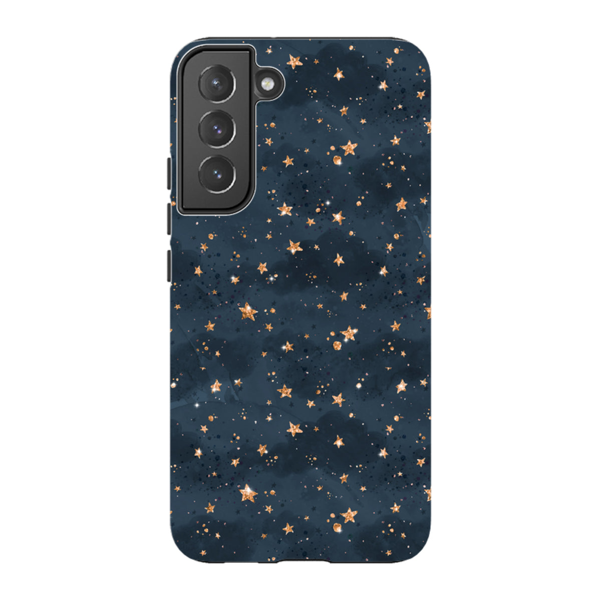 Samsung Galaxy tough case featuring a dark navy night sky design with shimmering gold stars and dual-layer protection.