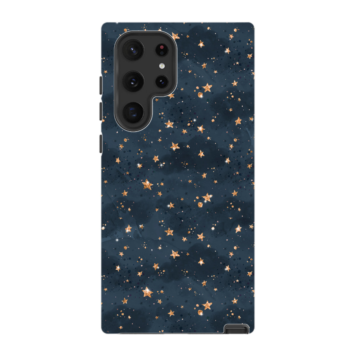Samsung Galaxy tough case featuring a dark navy night sky pattern with shimmering gold stars and celestial accents.