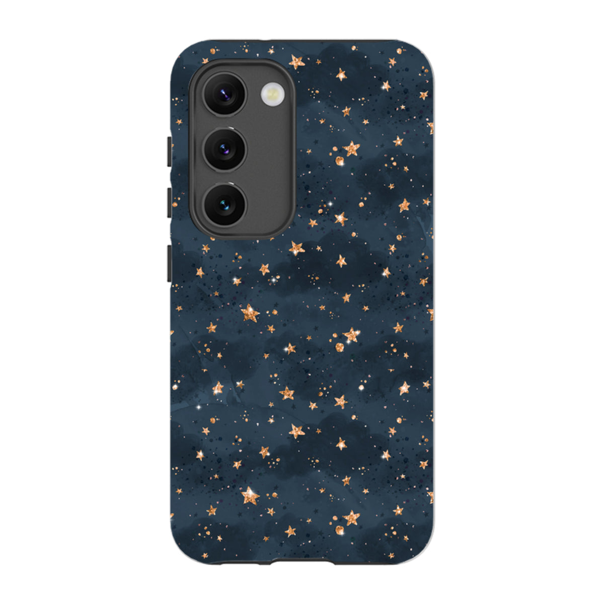 Samsung Tough Case featuring a navy blue background with gold glitter star patterns and dual-layer protective design.