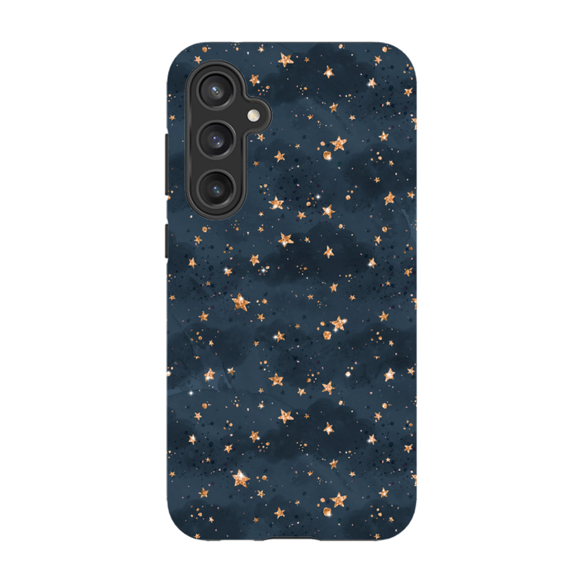 Samsung Tough Case for Galaxy featuring a dark navy background with a gold glitter star pattern and triple camera cutout.