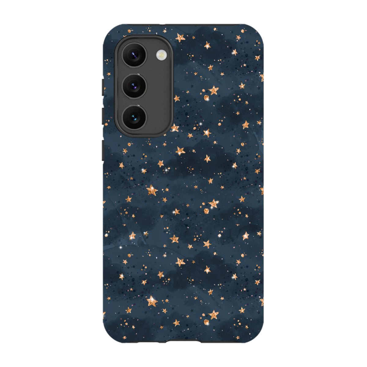 Samsung Galaxy tough case featuring a dark navy blue background with a shimmering gold star and nebula pattern.