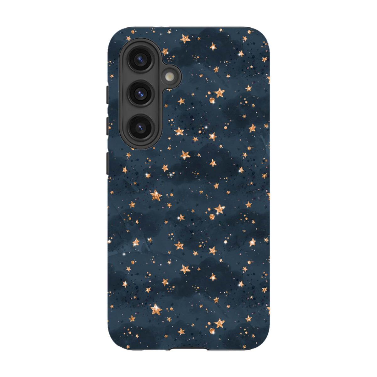 Samsung Galaxy tough case featuring a dark navy blue background with a shimmering gold star and nebula pattern.