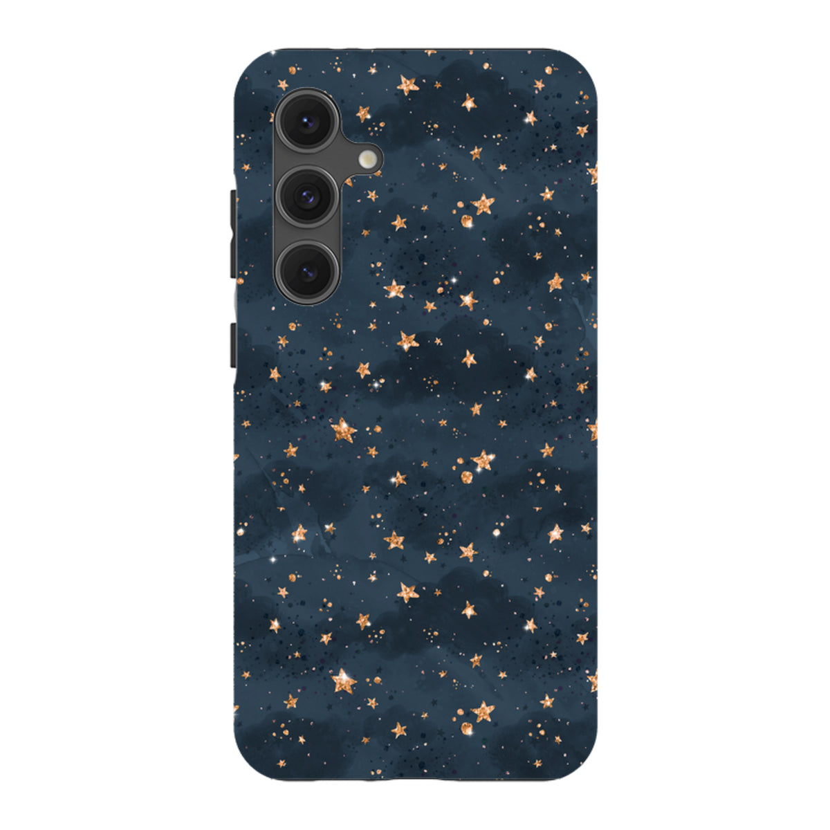 Samsung Galaxy tough case featuring a dark blue starry night design with gold glitter accents and dual-layer protection.