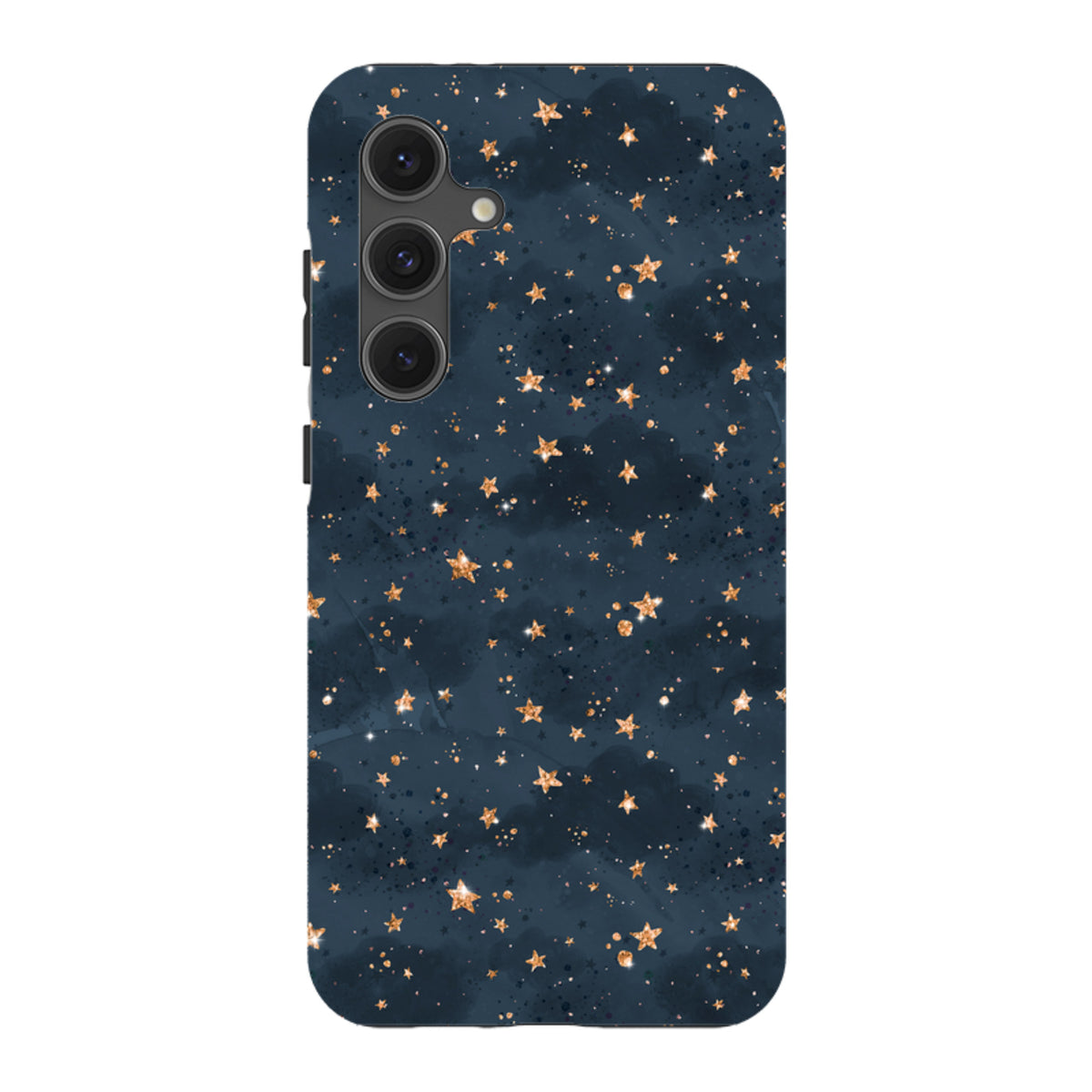 Samsung Galaxy tough case featuring a dark navy night sky pattern with shimmering gold stars and glitter accents.