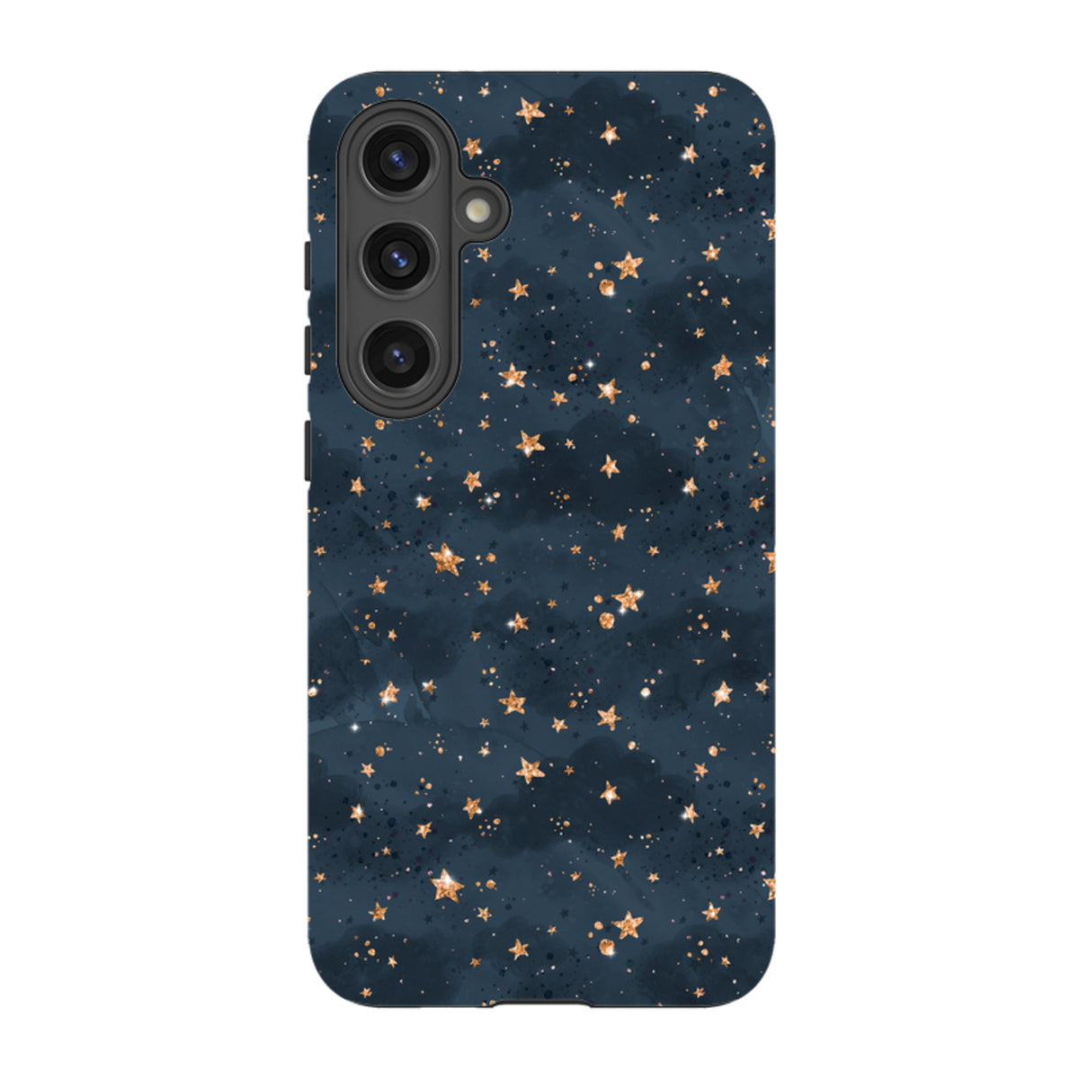 Samsung Galaxy tough case featuring a dark navy blue background with a gold glitter star and cloud pattern.