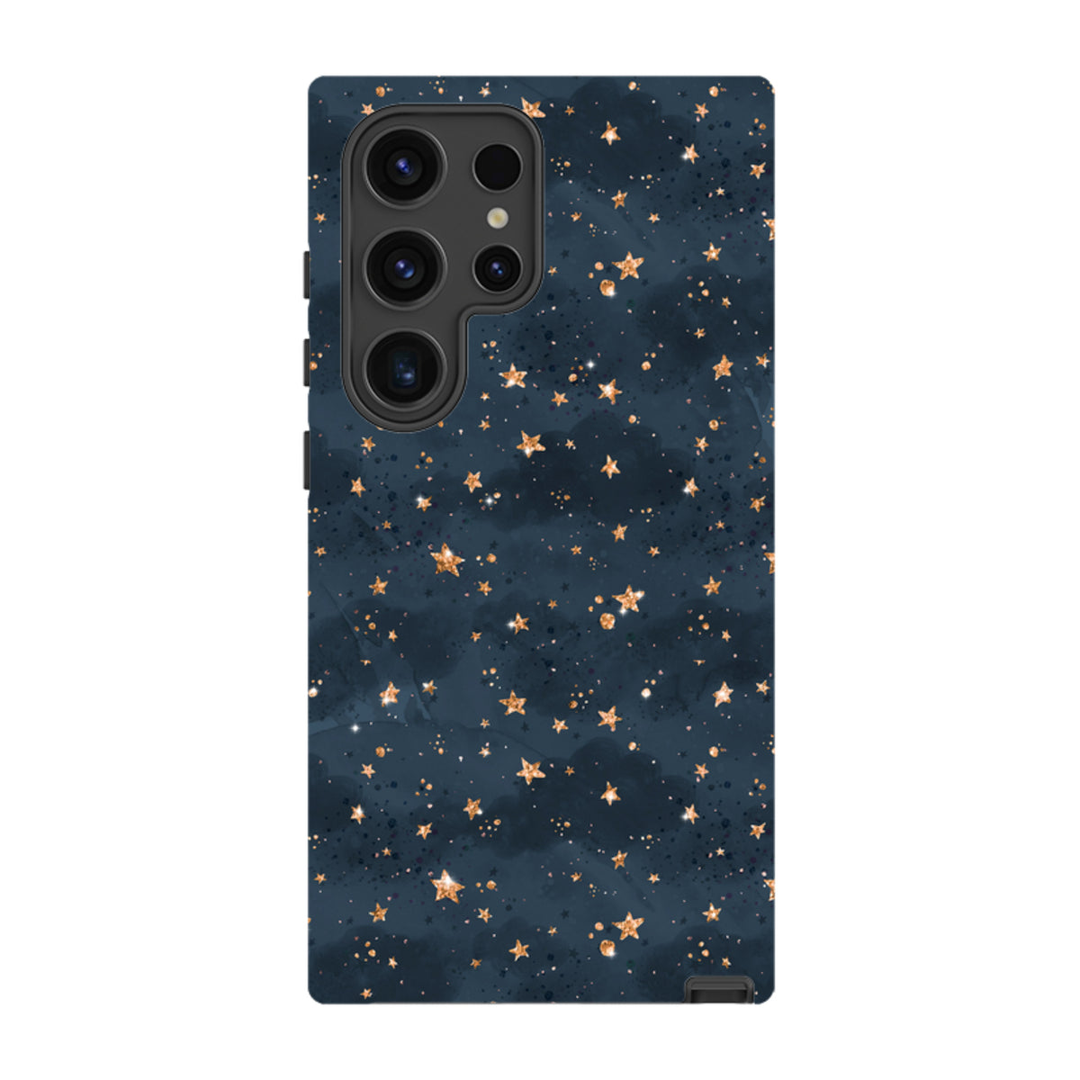 Samsung Tough Case with a dark blue galaxy background and gold glitter star pattern for a Samsung Galaxy phone.