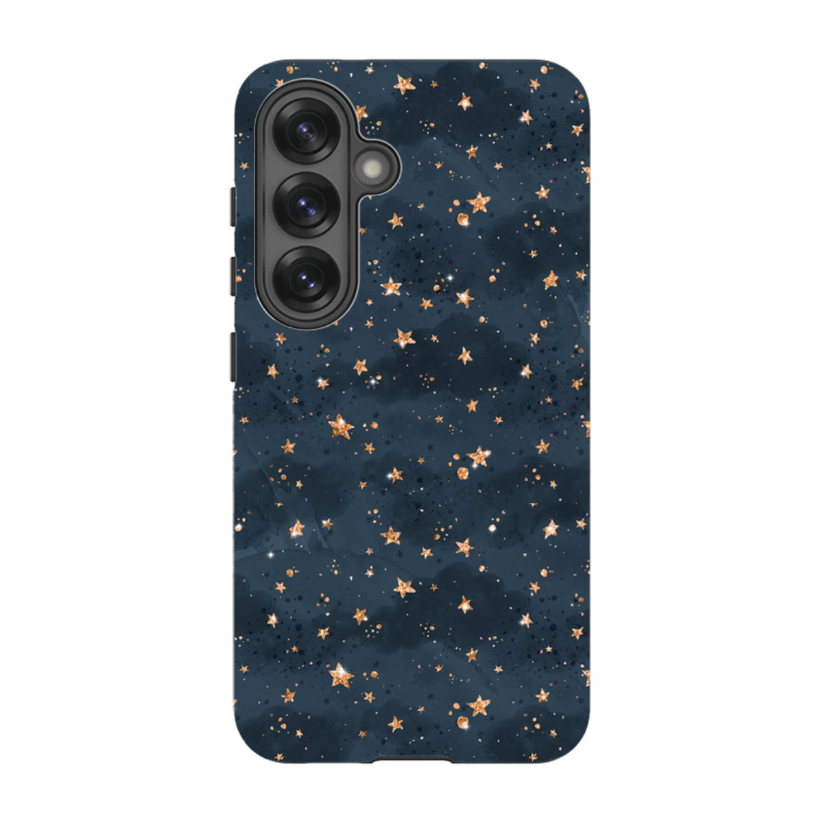 Samsung Galaxy tough case featuring a dark navy sky pattern with gold glitter stars and a durable dual-layer design.
