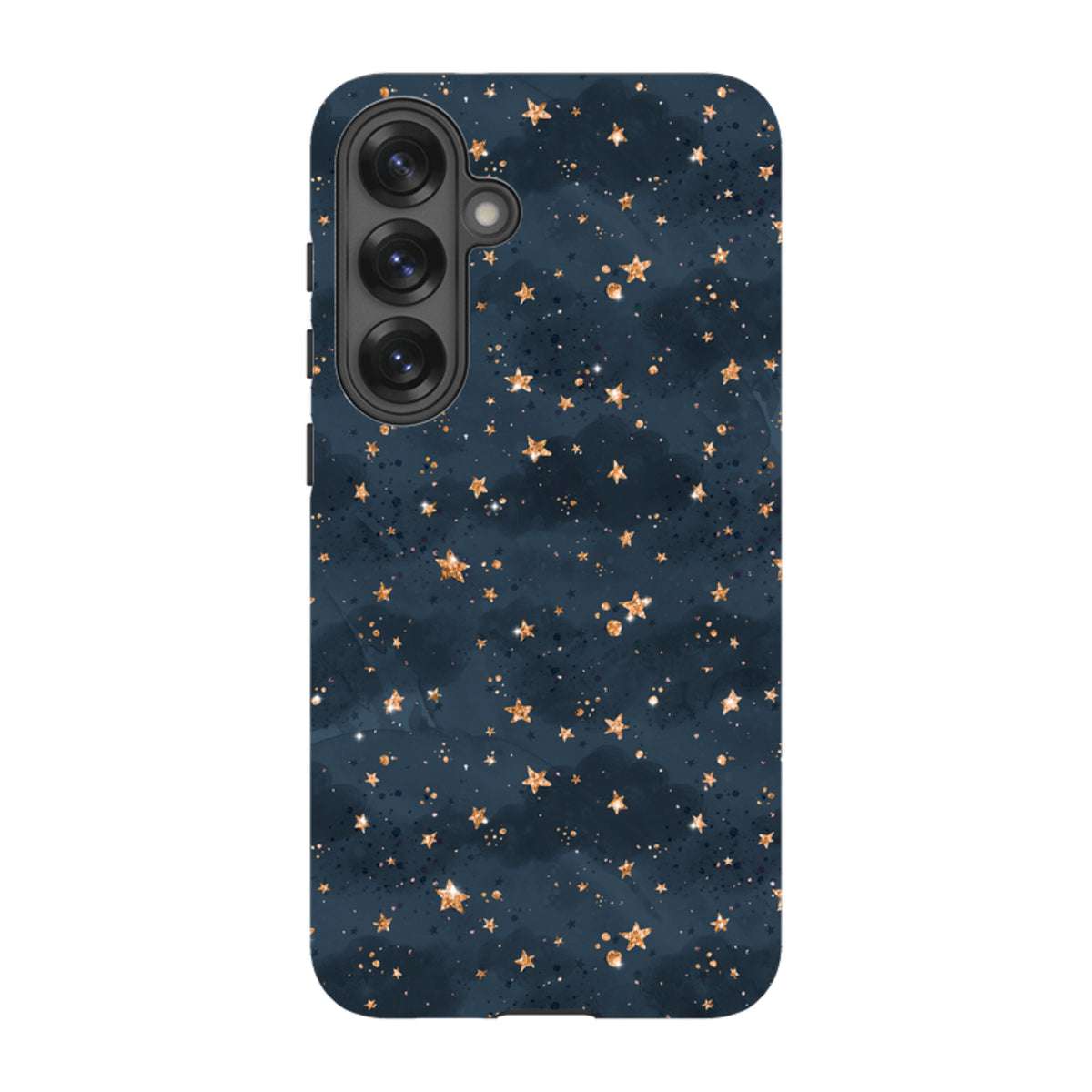 Samsung Galaxy tough case featuring a dark navy blue background with a shimmering gold star pattern and dual-layer protection.