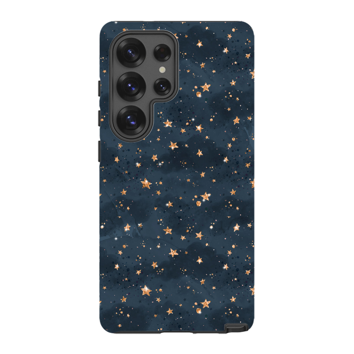 Samsung Tough Case for Galaxy featuring a dark blue starry night design with gold glitter accents and dual-layer protection.
