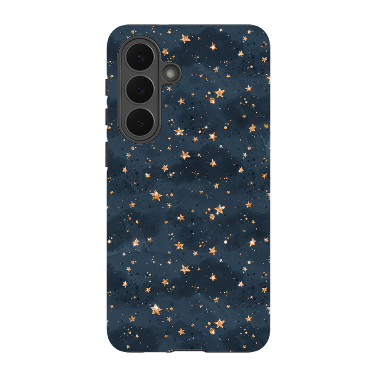 Samsung Galaxy tough case in dark blue with a gold glitter star pattern and durable dual-layer protective shell.