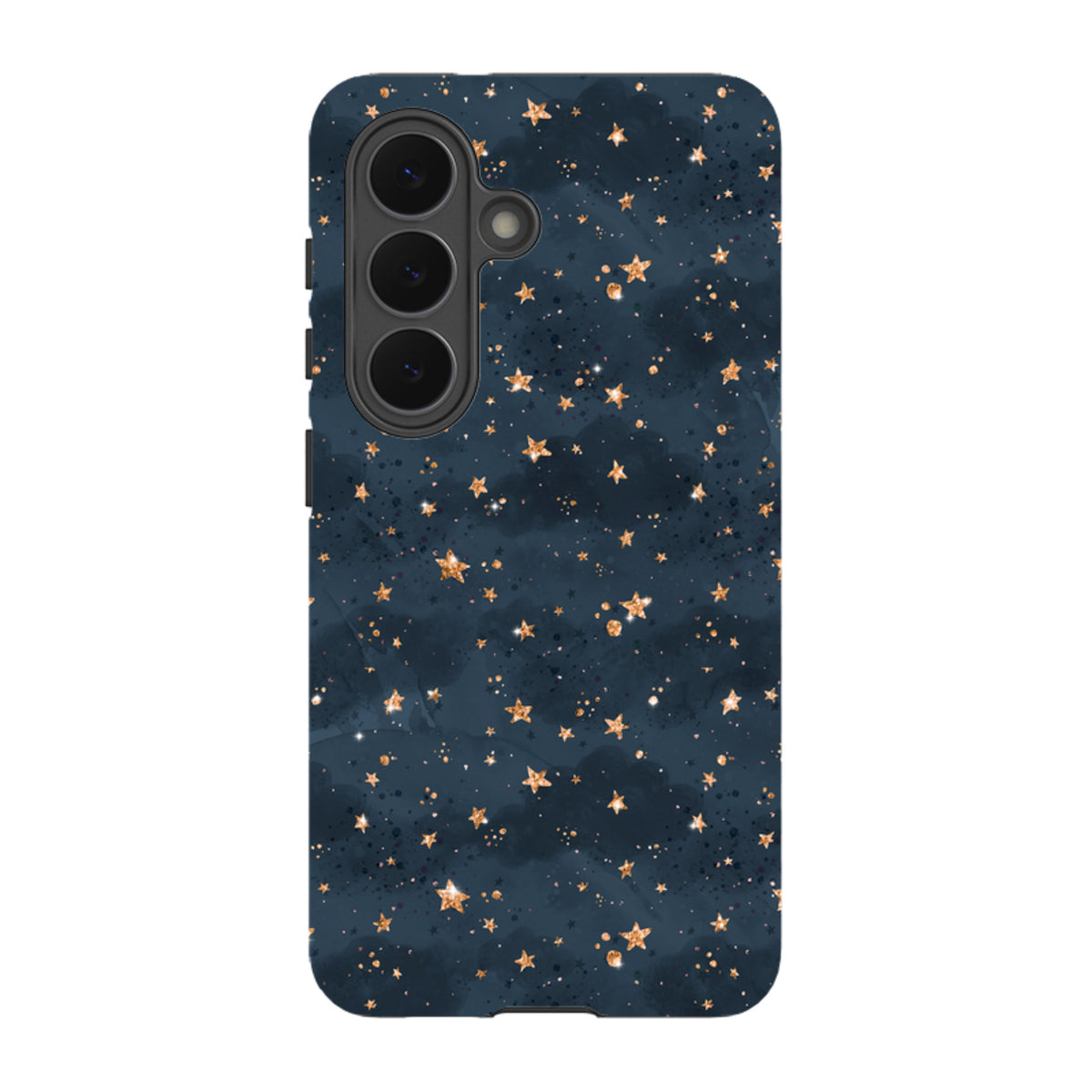 Samsung Galaxy tough case featuring a dark navy sky pattern with shimmering gold stars and dual-layer protection.