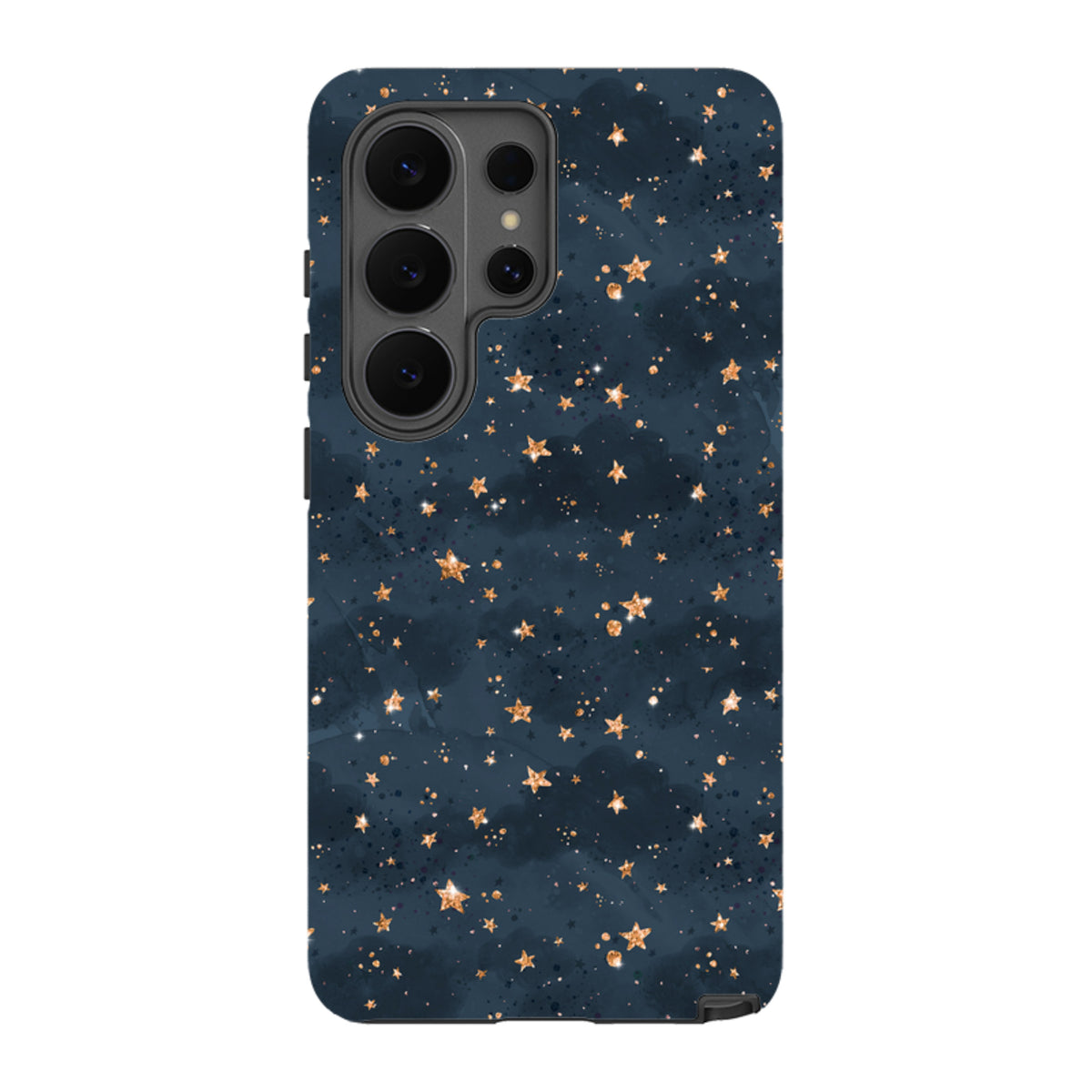Samsung Galaxy tough case featuring a dark navy blue starry night sky design with shimmering gold stars.