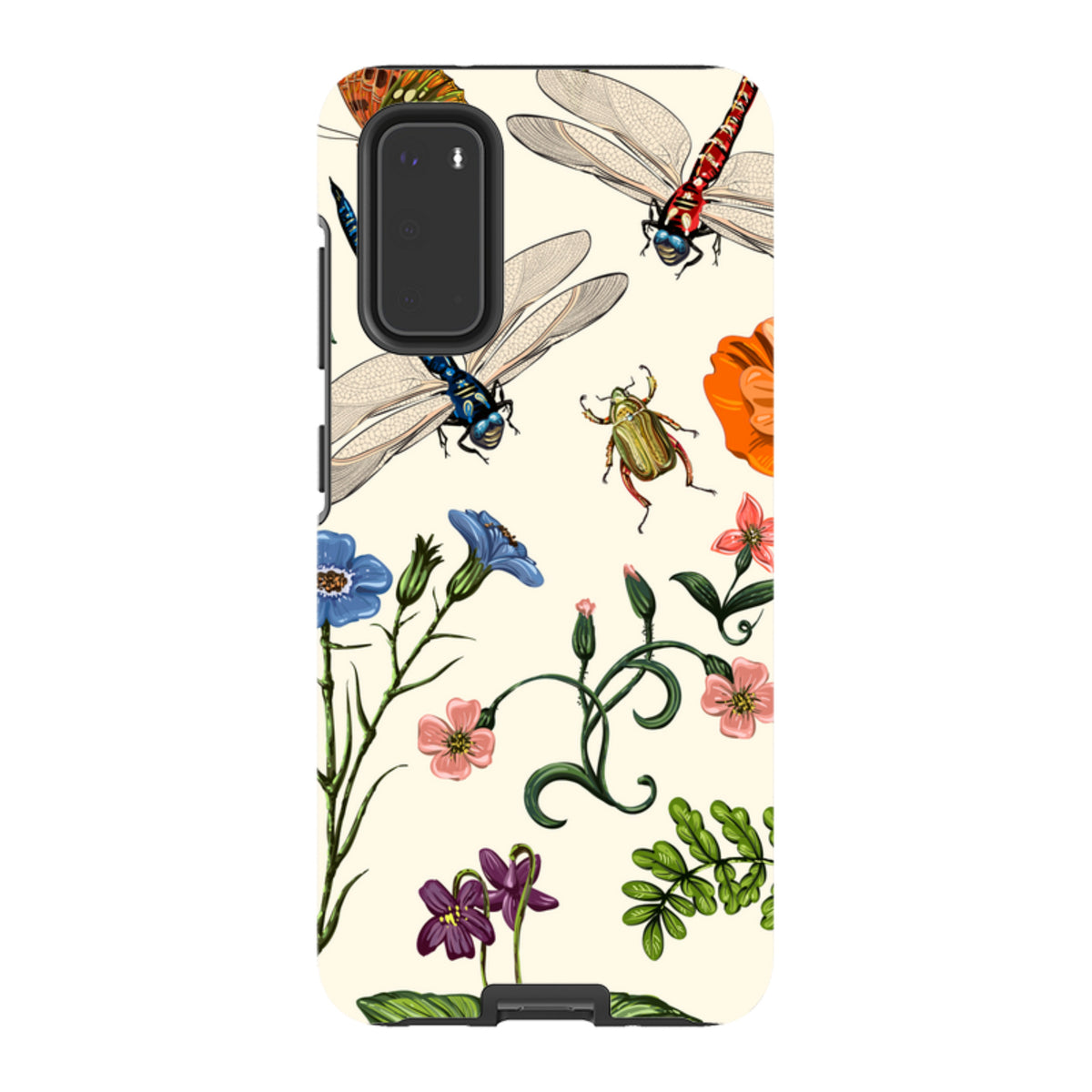 Samsung Tough Case featuring a cream background with colorful botanical illustrations of insects, flowers, and foliage.