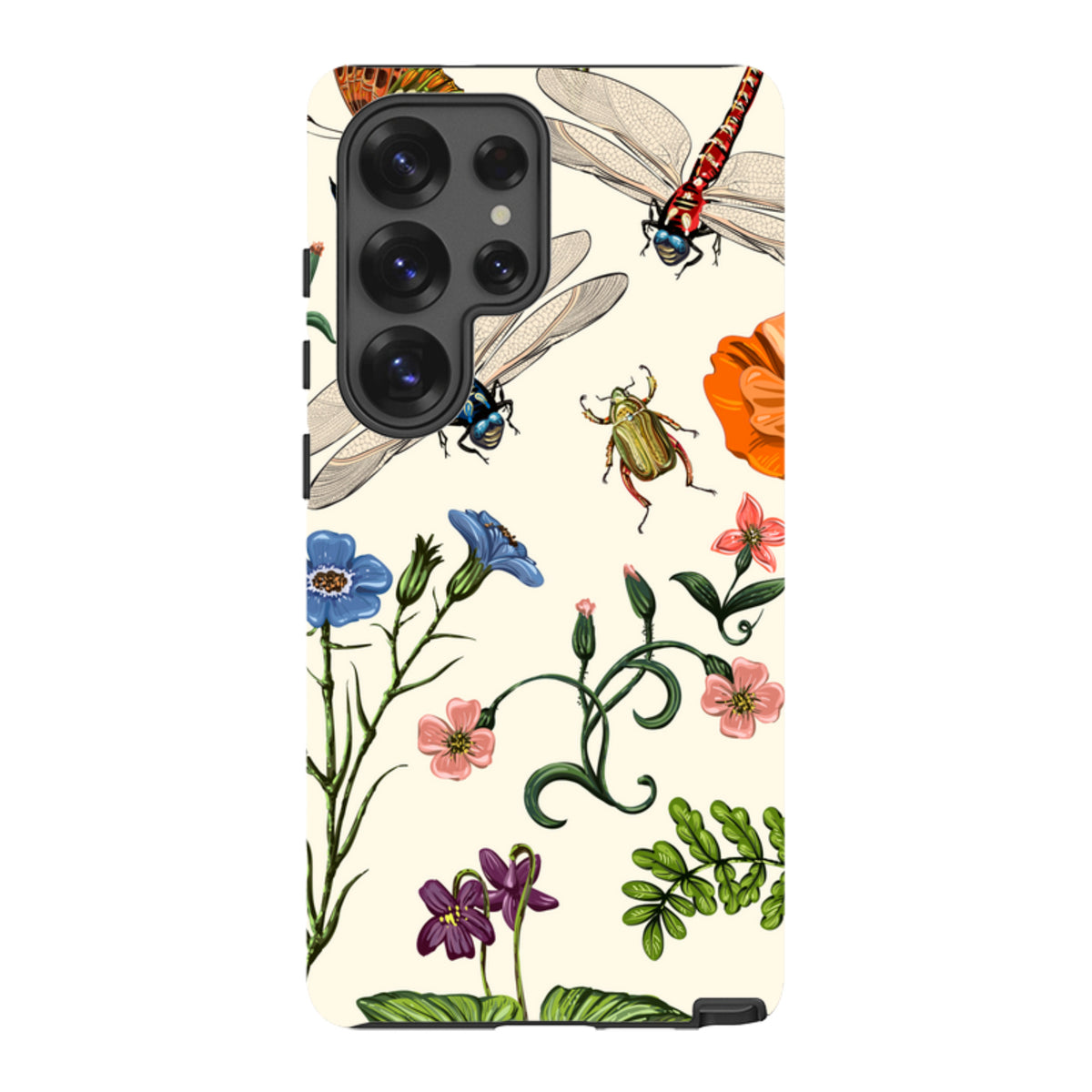 Samsung Tough Case featuring a cream background with colorful botanical illustrations of insects and wildflowers.