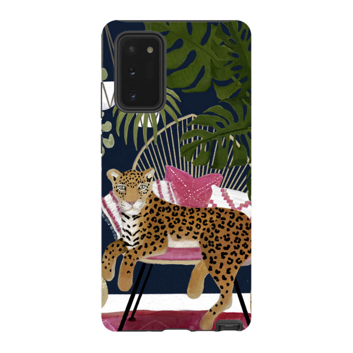Samsung Tough Case featuring a leopard on a chair with tropical leaves against a dark blue background.
