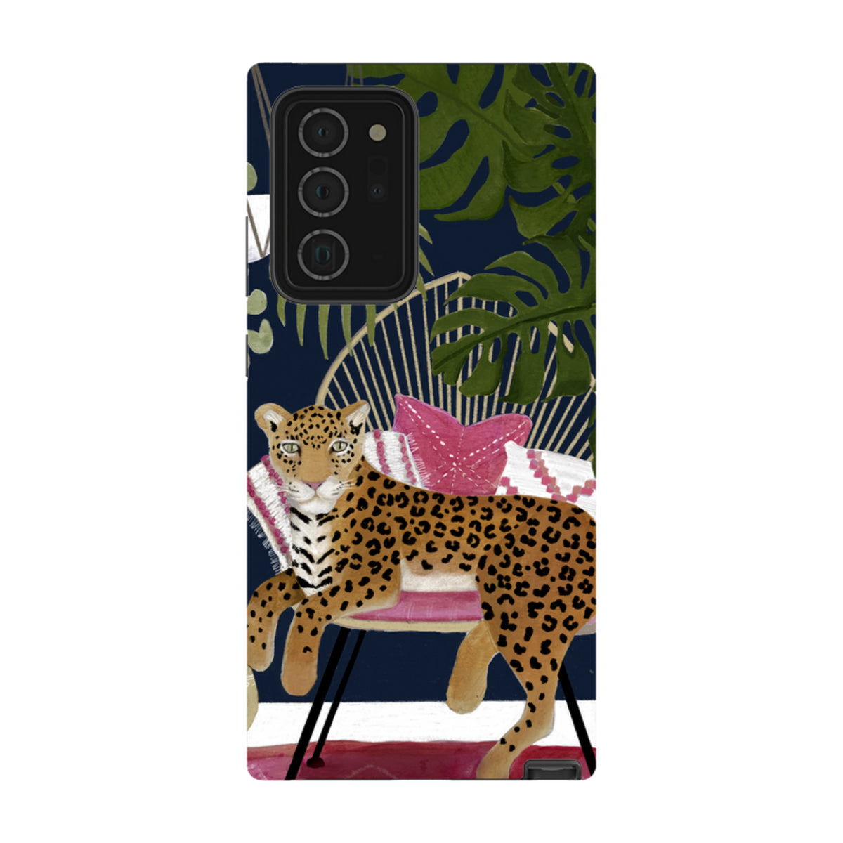Samsung Tough Case featuring a boho leopard illustration on a dark blue background with tropical leaves and pink accents.