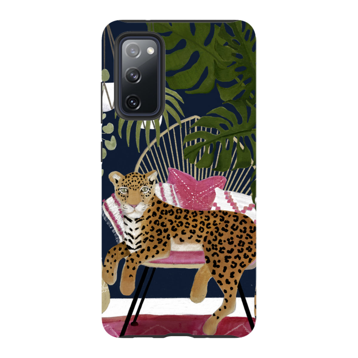 Samsung tough phone case featuring a boho leopard illustration on a dark background with tropical leaves and pink accents.