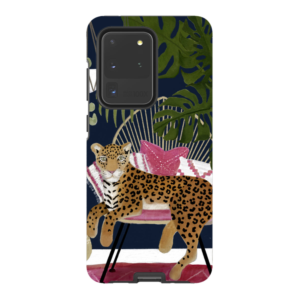 Samsung Tough Case featuring a boho leopard illustration on a chair with tropical leaves and a dark blue background.