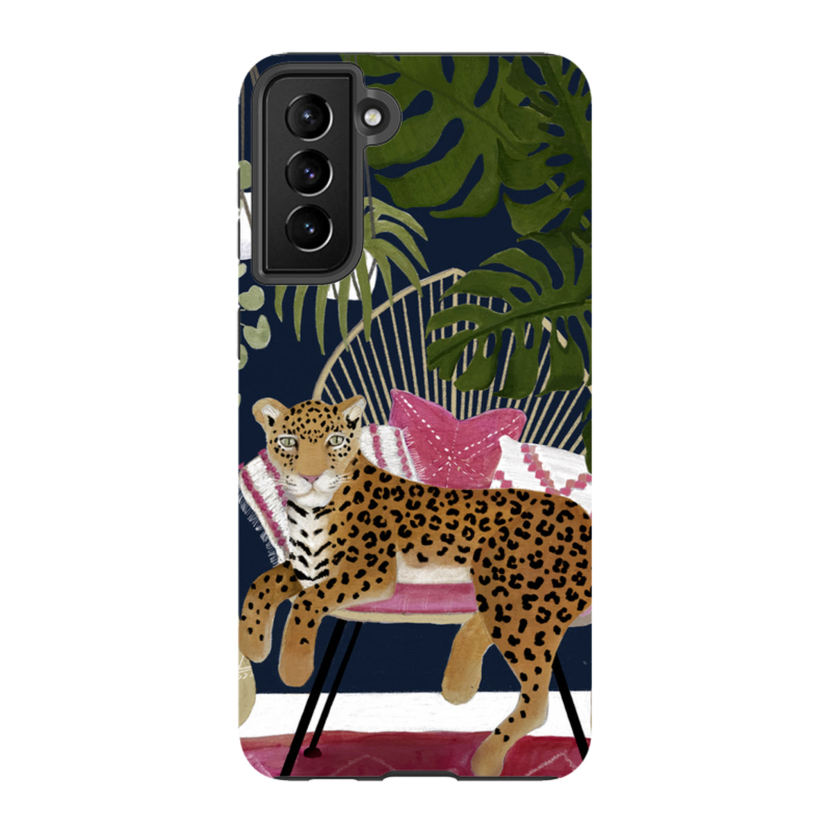 Samsung Tough Case featuring a leopard on a chair with tropical leaves against a dark blue background.