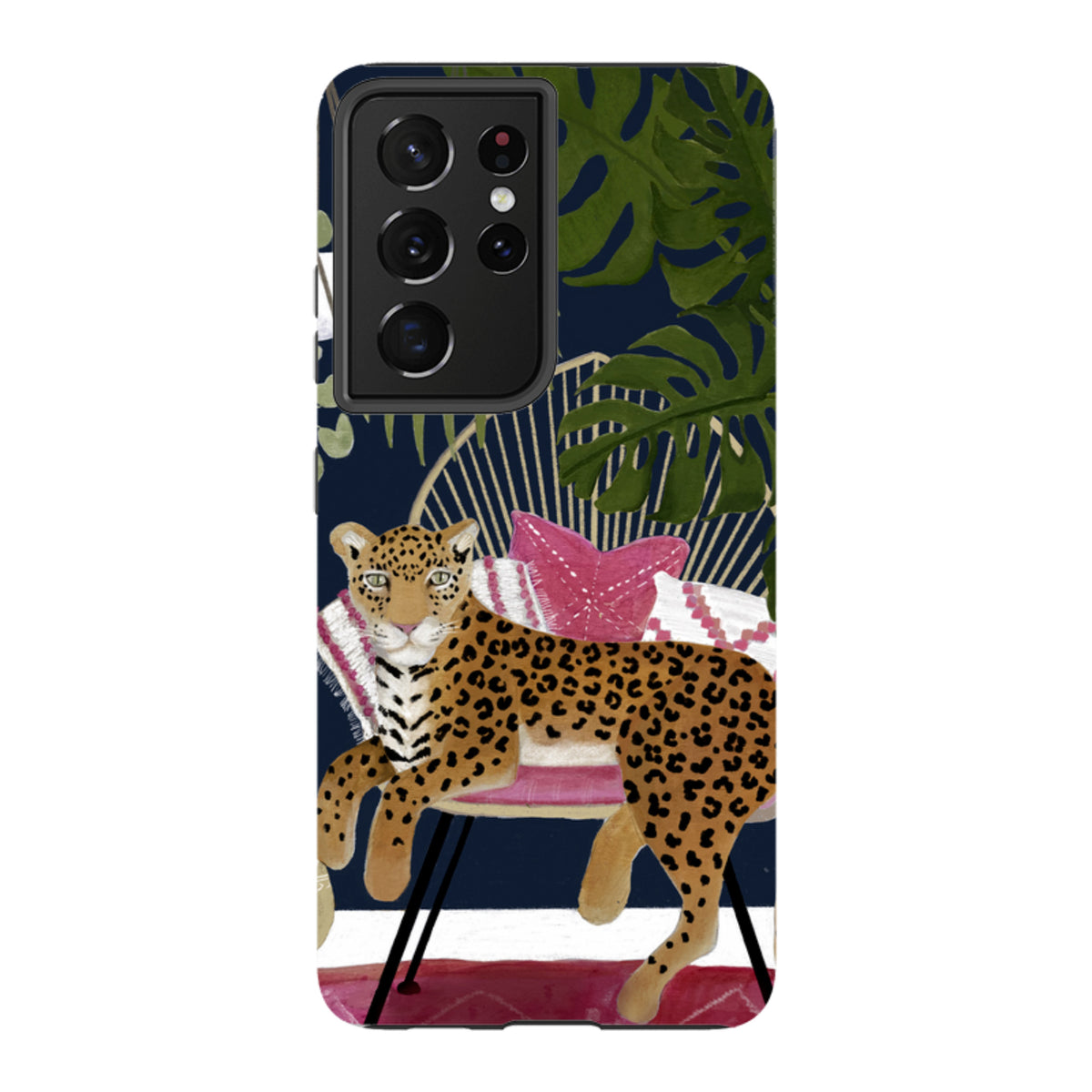Samsung Tough Case featuring a leopard on a chair with tropical leaves in a vibrant, boho-style artistic print.