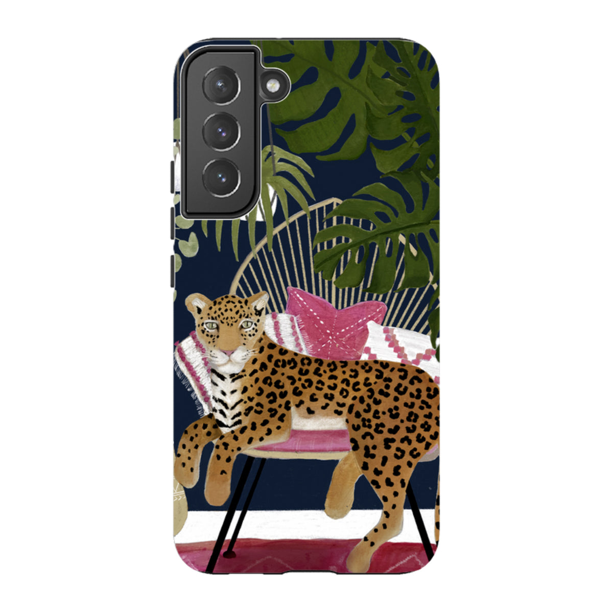 Samsung Tough Case featuring a leopard on a chair with tropical leaves and pink accents on a dark navy background.