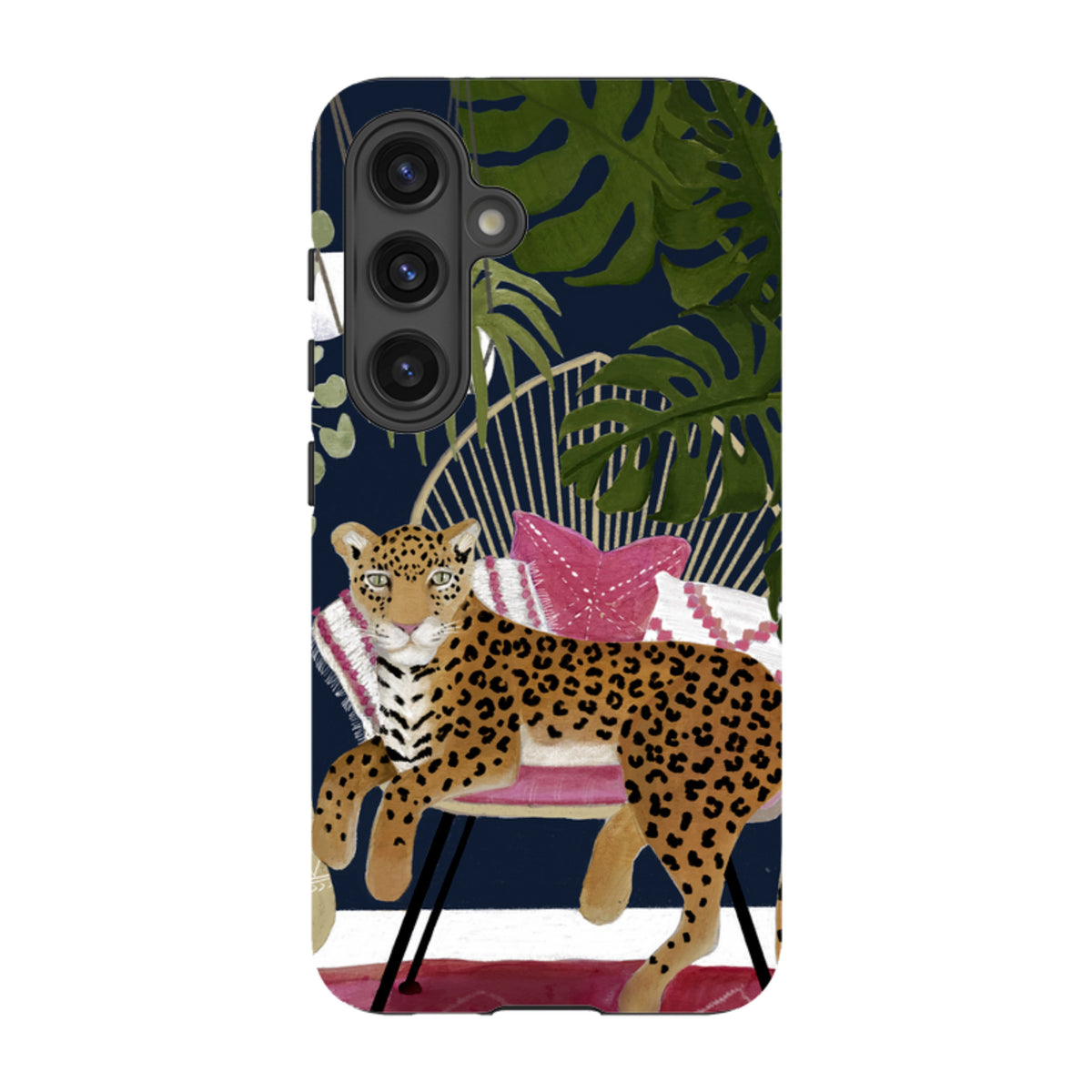 Samsung Tough Case featuring a boho leopard illustration on a navy background with tropical leaves and a chair.