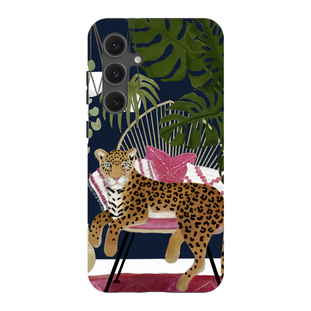 Samsung tough phone case featuring a boho leopard illustration on a dark background with tropical plants and pink accents.